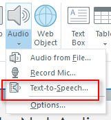 Screen capture showing the location of the Text-to-Speech selection.