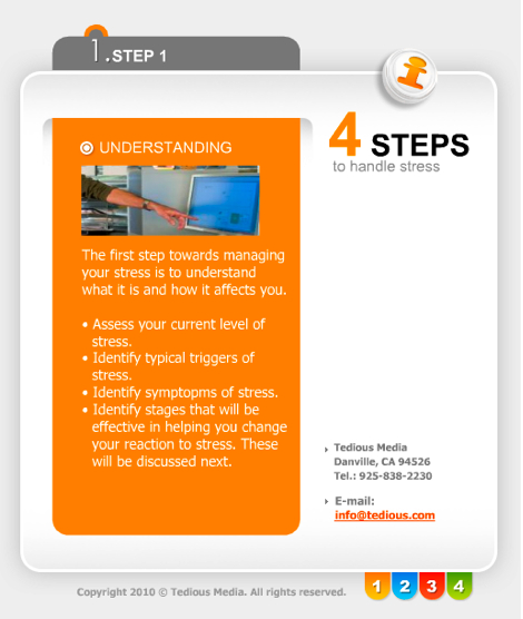User interface displaying: step1 of 4 steps to handle stress. Understanding