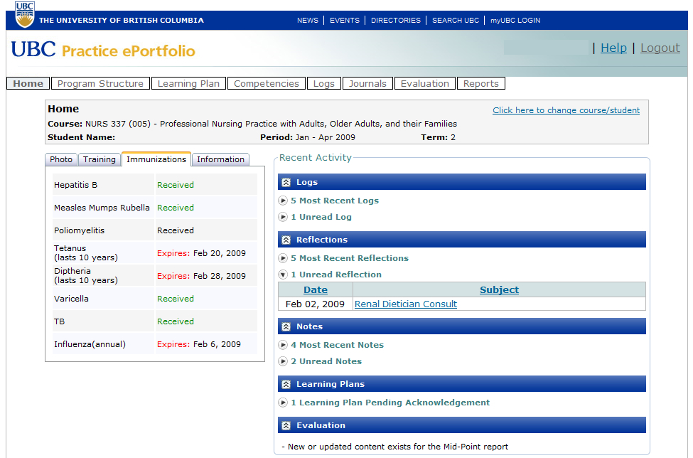 screenshot of the College of Nursing User Interface