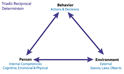 Behavior:Actions & Decisions; Person: Internal competencies, Coginitive, Emotional, Physical; Environment: External, Spaces, Laws, Objects
