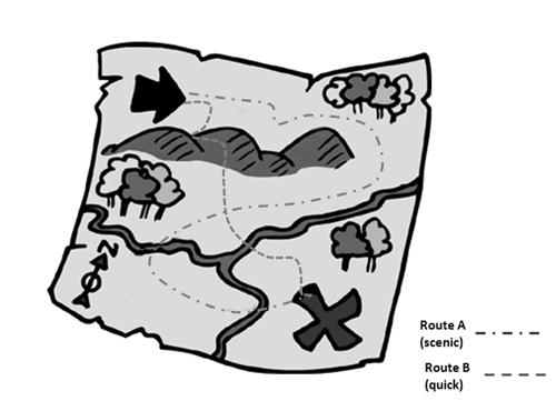 black and white treasure map with distinct path drawing