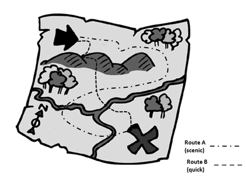 grayscale map with emphasized and distinct path routes