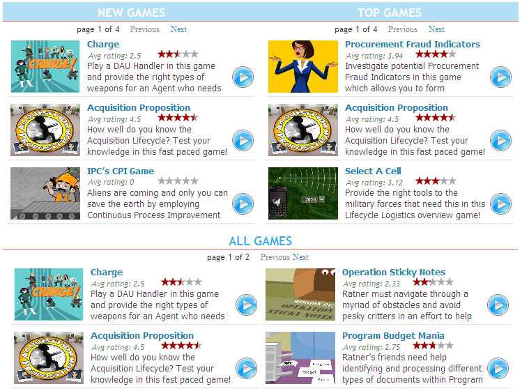 screenshot of the page that offers the listing of games