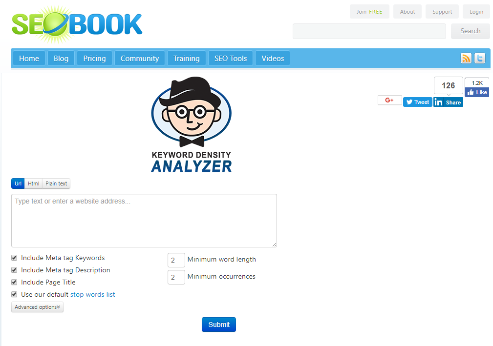 SEOBook offers a free keyword density analyzer tool