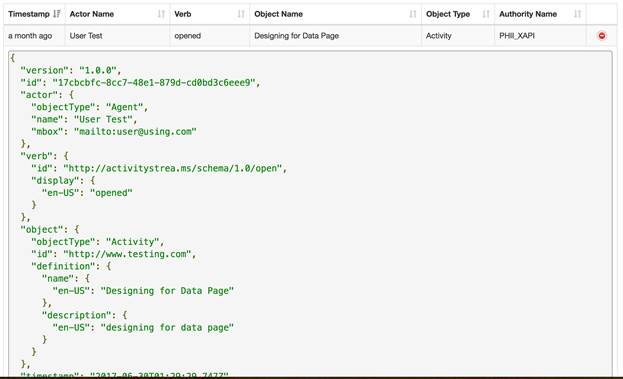 JavaScript showing how code documenting page view looks in the LRS.