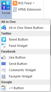 Menu of social network options in Lectora Desktop.