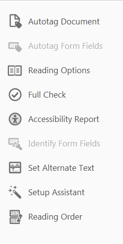 Options on the Adobe Acrobat Accessibility menu include Reading Order.