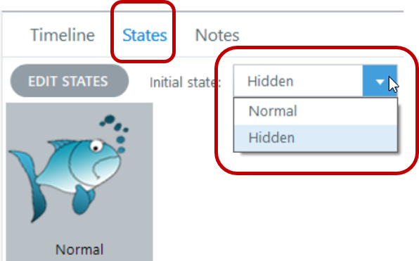 Set the initial state of the blue fish object to hidden