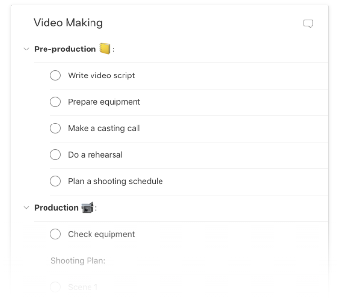 The List view of tasks in Todoist’s basic video editing template. This will need to be edited to include all of Jonathan’s workflow tasks.