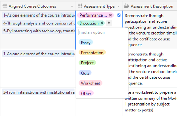 Drop-down list for assessment types