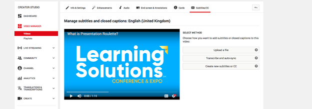 YouTube offers three options: Uploading caption text, automatic transcription, or creating new captions within YouTube.