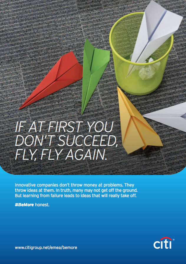 A Citi motivational poster showing paper planes with the title “If at first your don't succeed, fly, fly again.”