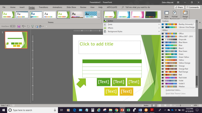 A sample PowerPoint slide shows the default green color scheme