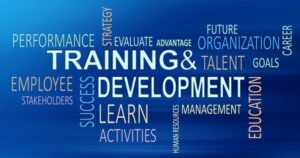 Light text against a blue background shows elements of training and development: performance, strategy, evaluate, learn, stakeholders, and more