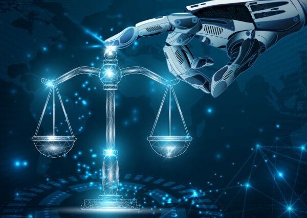 Against a dark blue background, a silver robotic hand reaches out to touch the scales representing justice.