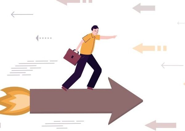 A man with a briefcase stands on a large brown arrow with a flaming end driving it forward; they drive through a hail of white arrows that point backward