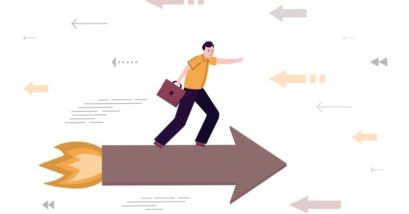 A man with a briefcase stands on a large brown arrow with a flaming end driving it forward; they drive through a hail of white arrows that point backward