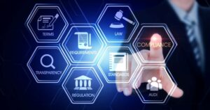 Honeycombed shapes frame icons representing compliance and technology all against a blue background