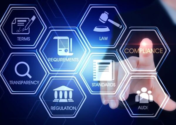 Honeycombed shapes frame icons representing compliance and technology all against a blue background