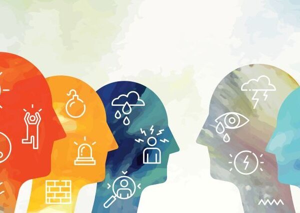 Different colored human heads show icons representing emotions around change, from blue and gray showing negative emotions to red and yellow showing positive emotions