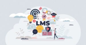 A person considers a cloud with a swirl of icons and symbols surrounding the letters LMS, all against a gray background