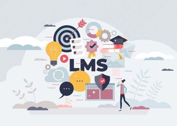 A person considers a cloud with a swirl of icons and symbols surrounding the letters LMS, all against a gray background