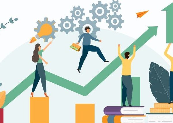 Four animated workers ascend a green arrow. Icons of leaves and a vine indicate growth, while gears, a light bulb, and books represent learning.