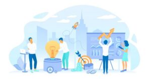 Animated figures dressed in blue, white, and aqua work against a background of blue buildings, with icons of a rocket, a target, a light bulb, and a progress chart indicating constantly renewing expertise.