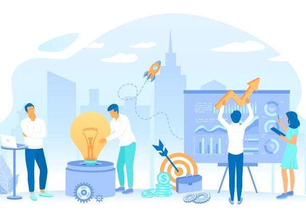 Animated figures dressed in blue, white, and aqua work against a background of blue buildings, with icons of a rocket, a target, a light bulb, and a progress chart indicating constantly renewing expertise.