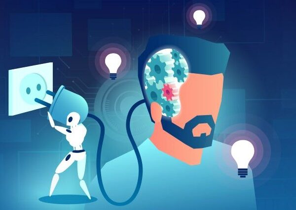 Against a blue background, a faceless, bearded man's head is plugged into a wall socket by a miniature white humanoid robot.