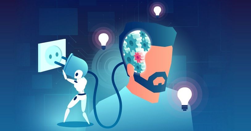 Against a blue background, a faceless, bearded man's head is plugged into a wall socket by a miniature white humanoid robot.