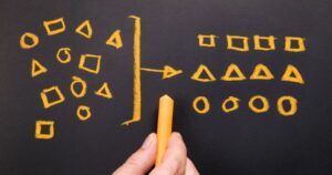 Jumbled symbols, yellow shapes on a black background, are re-ordered, or simplified into neat rows.