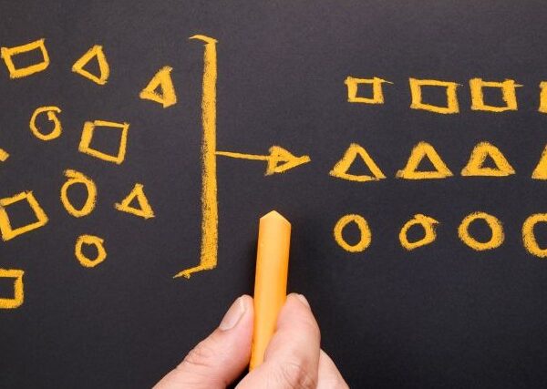 Jumbled symbols, yellow shapes on a black background, are re-ordered, or simplified into neat rows.