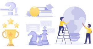 Light-purple and gold icons, including a question mark, books, a prize trophy, and chess pieces, indicate learning that includes game-based learning and culminating in two figures crafting a giant light bulb.