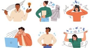 Cartoon people struggle with learning; they are surrounded by lightning bolts, scribbled lines, light bulbs, and other icons to indicate struggle and learning.