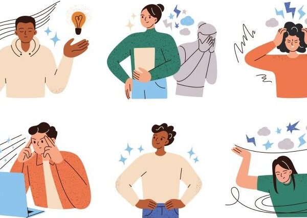 Cartoon people struggle with learning; they are surrounded by lightning bolts, scribbled lines, light bulbs, and other icons to indicate struggle and learning.