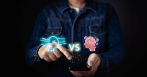 Against a black background, a man holds a device with glowing pinpoints of light. Head icons, one reading 'AI' and the other showing a brain, symbolize the comparison of AI and human assistance