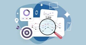 Animation image of a magnifying glass over a series of charts and a bullseye target icon show the study of data. All are set against a blue background.