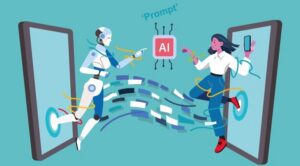 Against a teal background, a white robot and a woman dressed in jeans and a white shirt emerge from screens, facing each other, and dancing. Both point to an icon reading AI with the word 'prompt' hovering above.