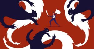 A man in a blue suit with a white sword and shield fights off purple demons with spiky white tails against a deep red background