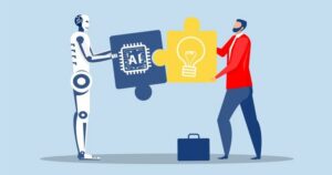 A white robot and a man dressed in red and blue collaborate to fit puzzle pieces, representing AI and human creativity, together.