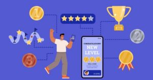Against a bright blue background, a man holds a cellphone showing badges. He is surrounded by imp\ages of stars, a trophy, and other gamification icons
