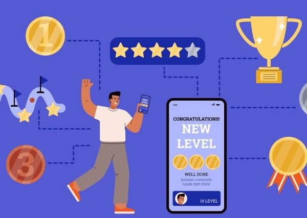 Against a bright blue background, a man holds a cellphone showing badges. He is surrounded by imp\ages of stars, a trophy, and other gamification icons