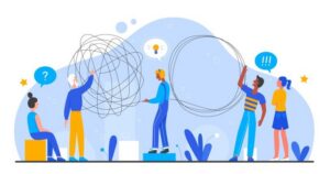 Five figures, dressed in dark blue, puzzle over a problem. The man in the middle has a light bulb icon over his head; the others have bubbles with question marks indicating confusion.