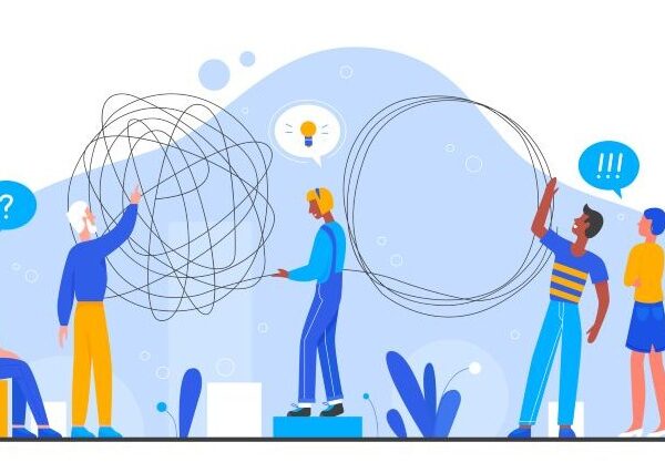 Five figures, dressed in dark blue, puzzle over a problem. The man in the middle has a light bulb icon over his head; the others have bubbles with question marks indicating confusion.