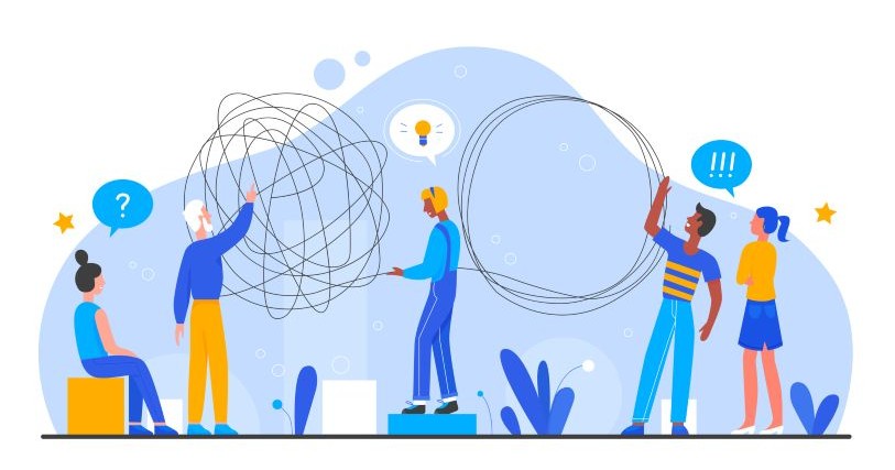 Five figures, dressed in dark blue, puzzle over a problem. The man in the middle has a light bulb icon over his head; the others have bubbles with question marks indicating confusion.