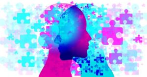 Face-to-face silhouettes are overlaid randomly with various sized translucent magenta and turquoise “Jigsaw Puzzle” pieces.