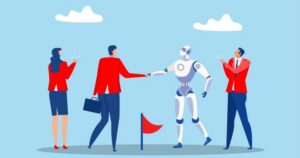 A team of three, dressed in red jackets and blue pants or skirts, welcomes a robot to the team. The cartoonish figures are on a light blue background, outdoors, with clouds in the sky.