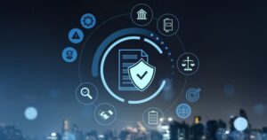 Against the background of a nighttime cityscape, a circle of icons represent verification, checking, validation, and security.
