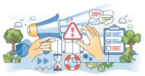 In a colorful sketch, a hand holding a megaphone shares space with icons relating to emergencies: a checklist, a rescue buoy, a caution sign, and a timer showing the need for speed